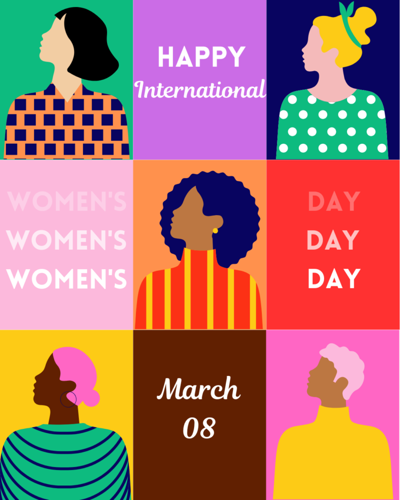 Colorful squares with graphics of women in each square.